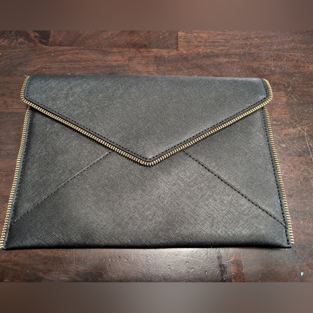 Rebecca Minkoff Leo Saffiano Black Envelope Clutch with Gold Zipper Trim, NWOT
